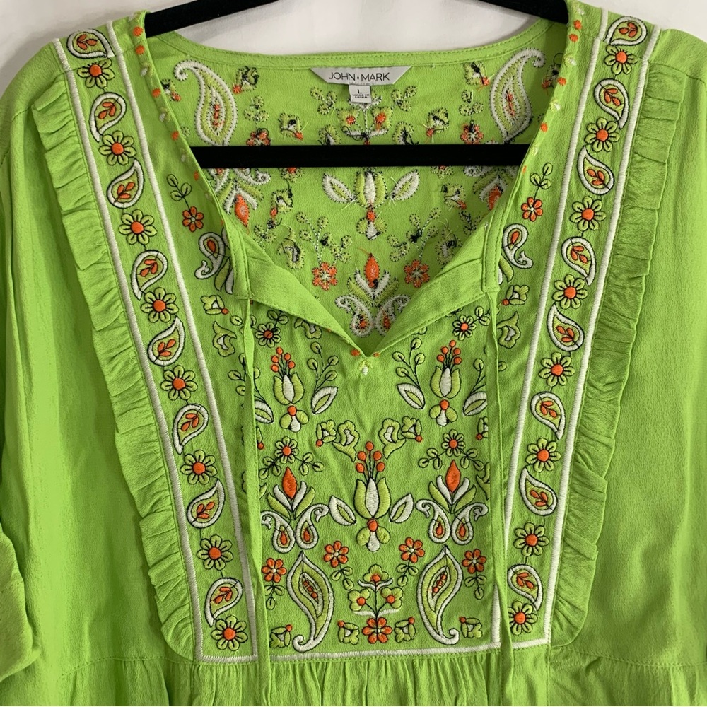 NWT John Mark Lime Green Embroidered Short Sleeve Boho Tunic Top, Size L - Picture 6 of 13